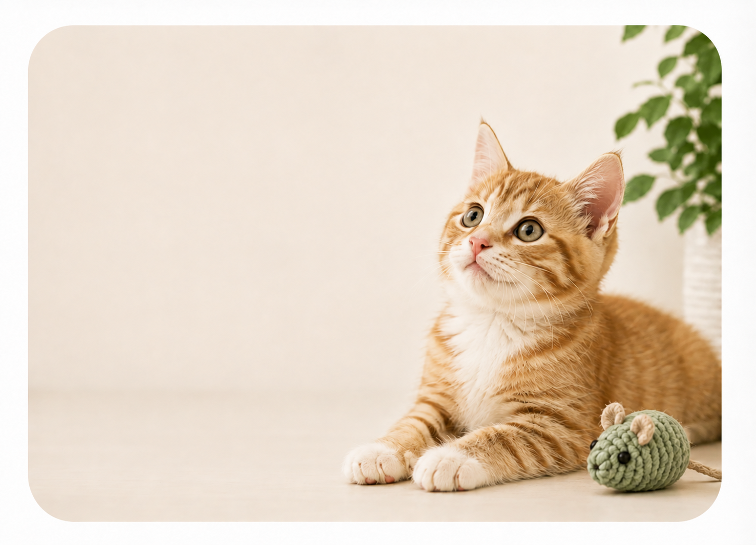 An orange tabby kitten lies on a light beige floor next to a small green crocheted mouse toy, with a soft neutral background and a hint of green leaves in the upper right corner.